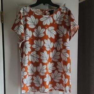 Ann Taylor Vibrant Orange and White Leaf Print Blouse